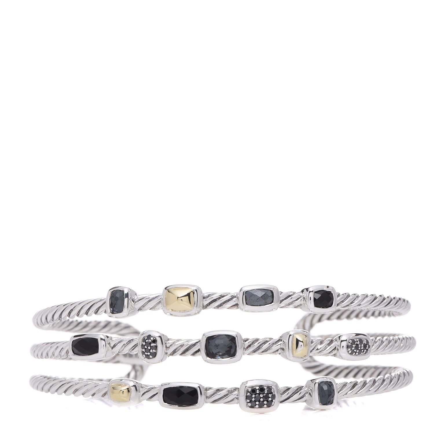 David Yurman Sterling Silver 18K Yellow Gold Black Diamond Hematite Black Onyx Three Row Confetti Cuff Bracelet 1 of 6