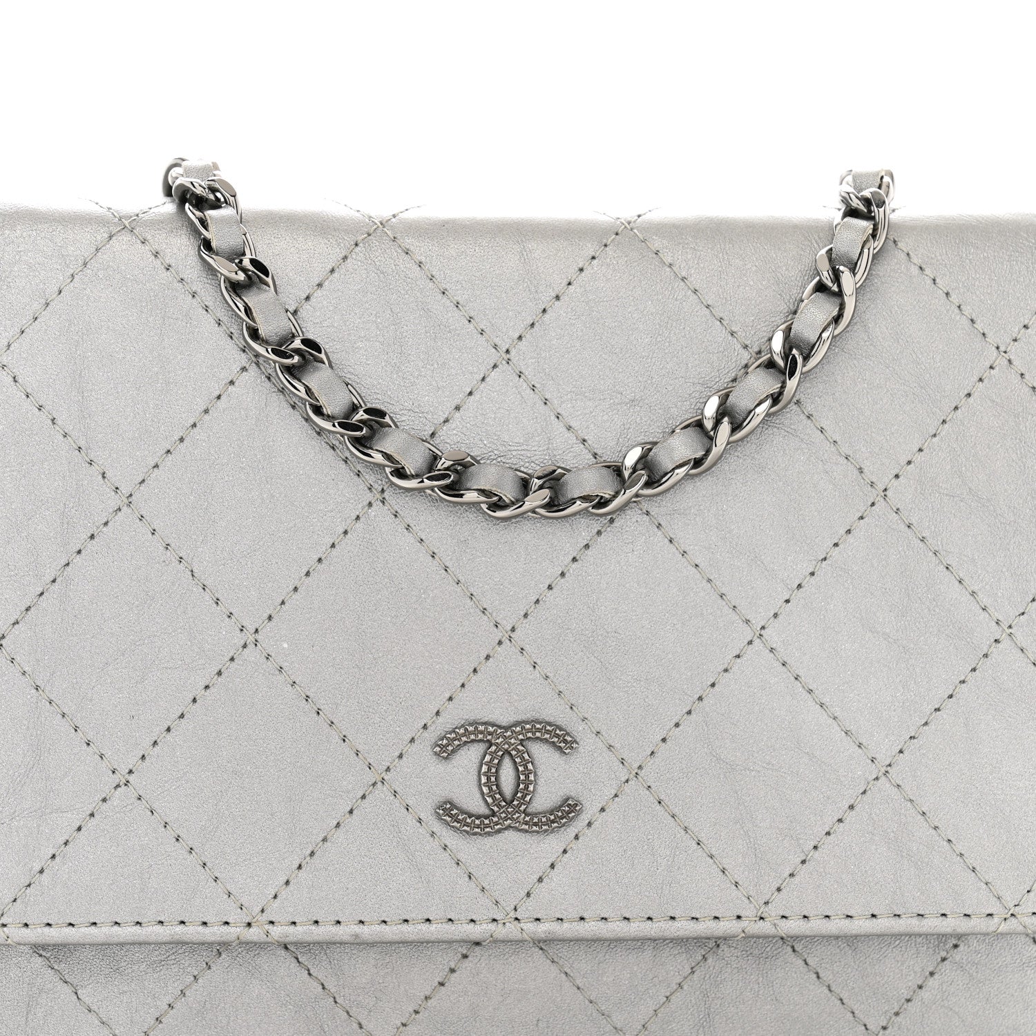 Chanel Metallic Aged Calfskin Quilted Wallet on Chain WOC Silver 9 of 14