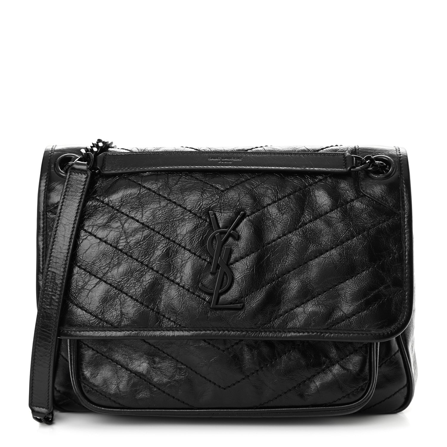 Saint Laurent Crinkled Calfskin Matelasse Monogram Medium Niki Chain Satchel Black 1 of 10