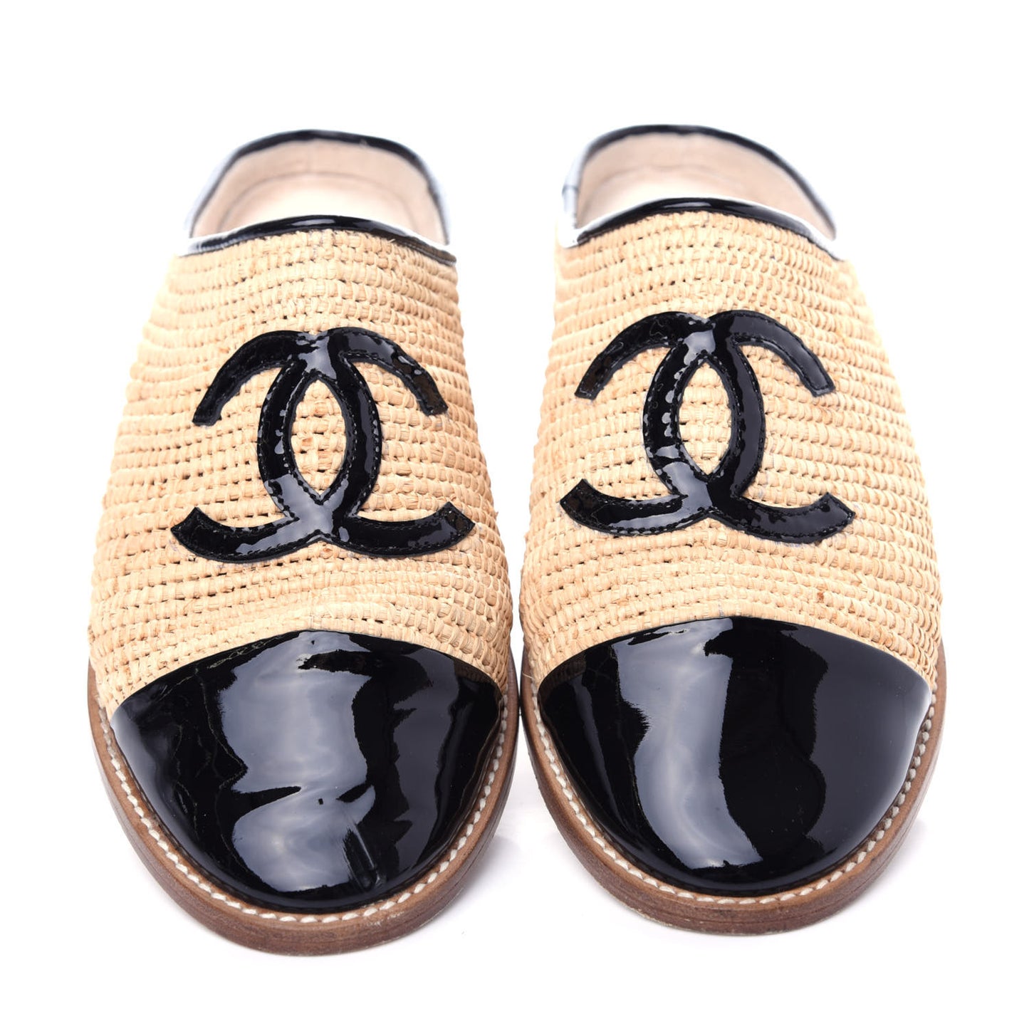 Raffia Patent Calfskin CC Espadrilles 40 Beige Black