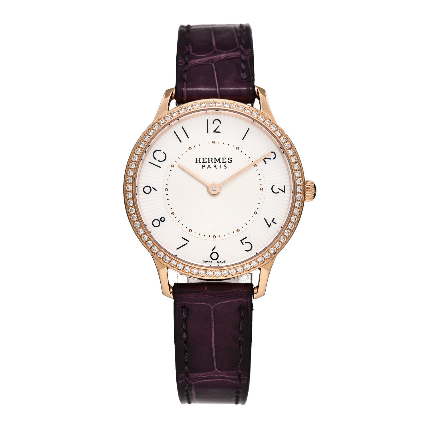 Hermes 18K Rose Gold Alligator Diamond 32mm Slim d'Hermes Quartz Watch Amethyste 1 of 4