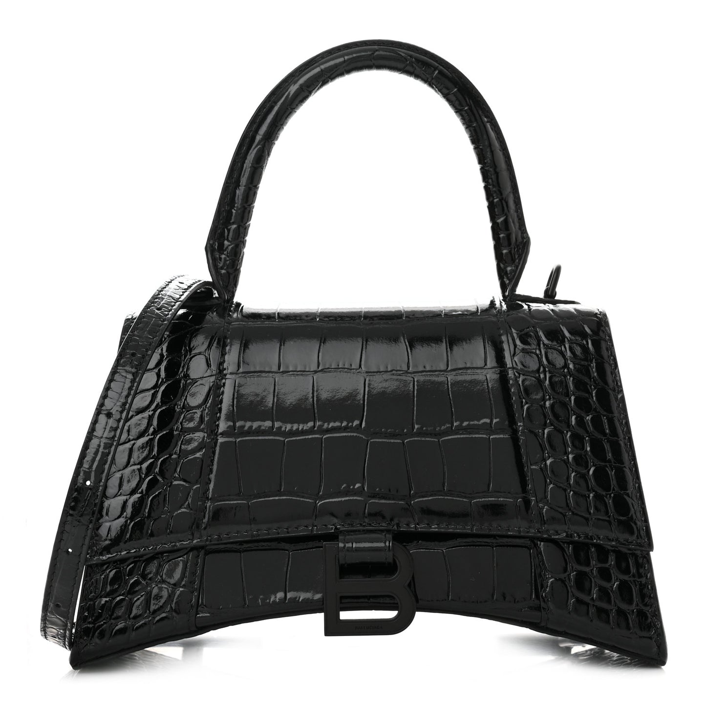 Shiny Calfskin Monochrome Crocodile Embossed Small Hourglass Top Handle Bag Black