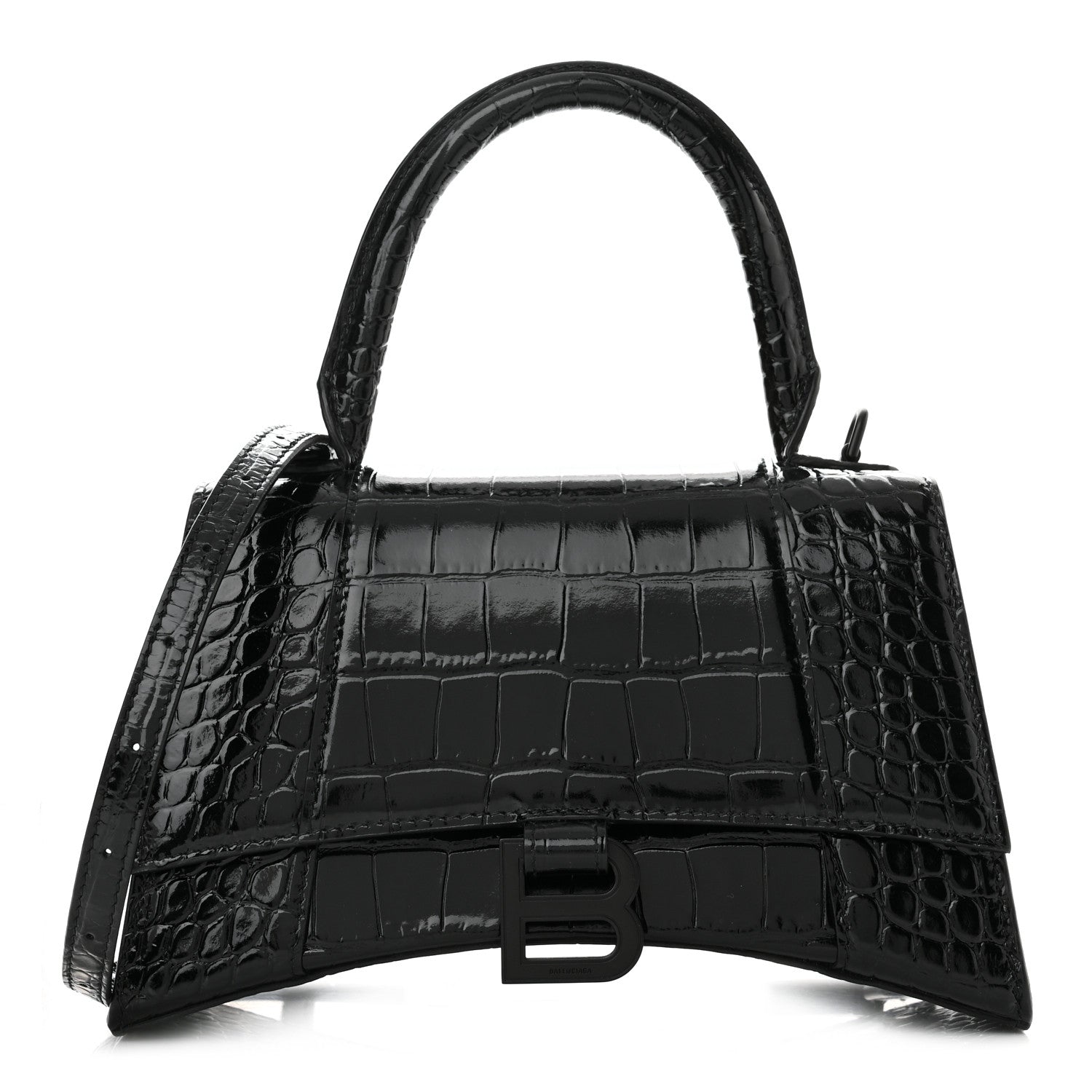 Balenciaga Shiny Calfskin Monochrome Crocodile Embossed Small Hourglass Top Handle Bag Black 1 of 11