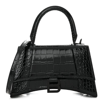 Balenciaga Shiny Calfskin Monochrome Crocodile Embossed Small Hourglass Top Handle Bag Black 1 of 11