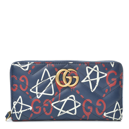 Gucci Calfskin Matelasse GucciGhost GG Marmont Zip Around Wallet Blue Agata Hibiscus Red 1 of 8