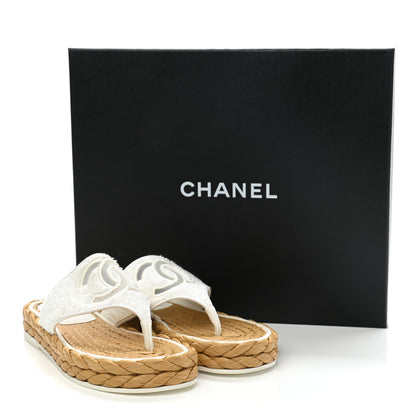 Chanel Terry Cloth Raffia CC Logo Thong Sandals 37 White 9 of 9