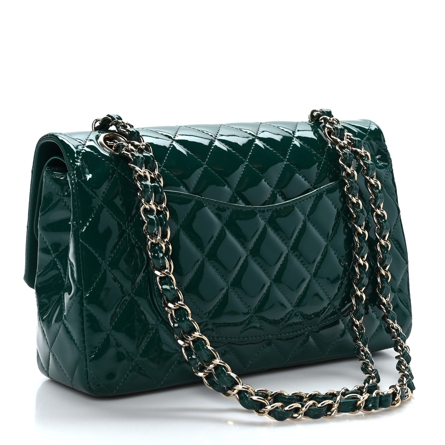 Patent Calfskin Quilted Medium Double Flap Green