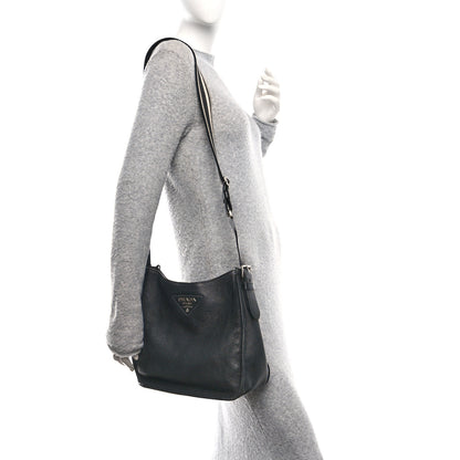 Prada Vitello Daino Soft Hobo Messenger Bag Black 2 of 9