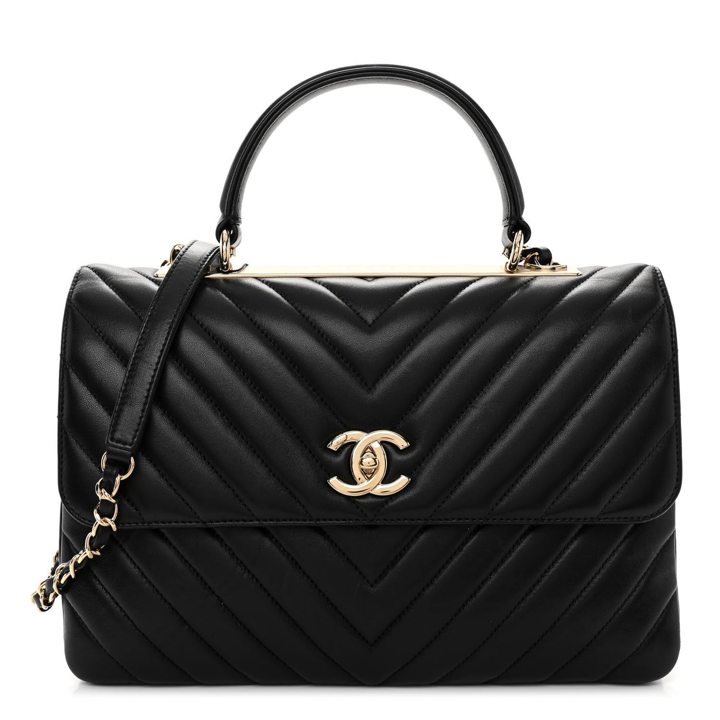 Lambskin Chevron Quilted Medium Trendy CC Dual Handle Flap Bag Black