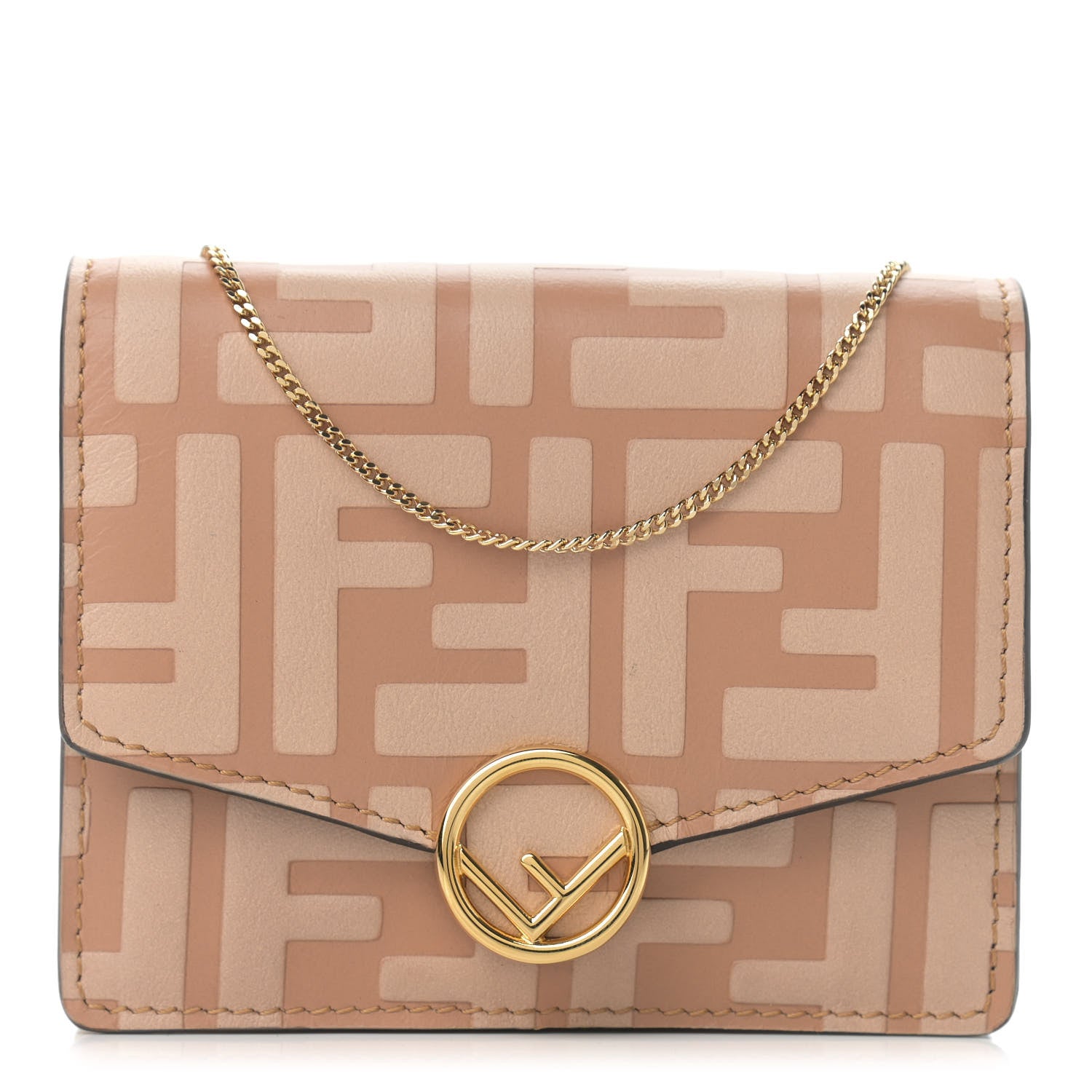 Fendi Vitello Termolagoon F is Fendi FF 1974 Embossed Geometric Flap Wallet On Chain Miele Scuro 1 of 9