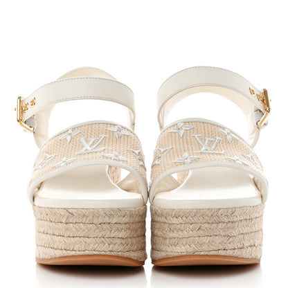 Louis Vuitton Cotton Monogram Embroidered Starboard Wedge Espadrilles 38.5 Beige White 2 of 8