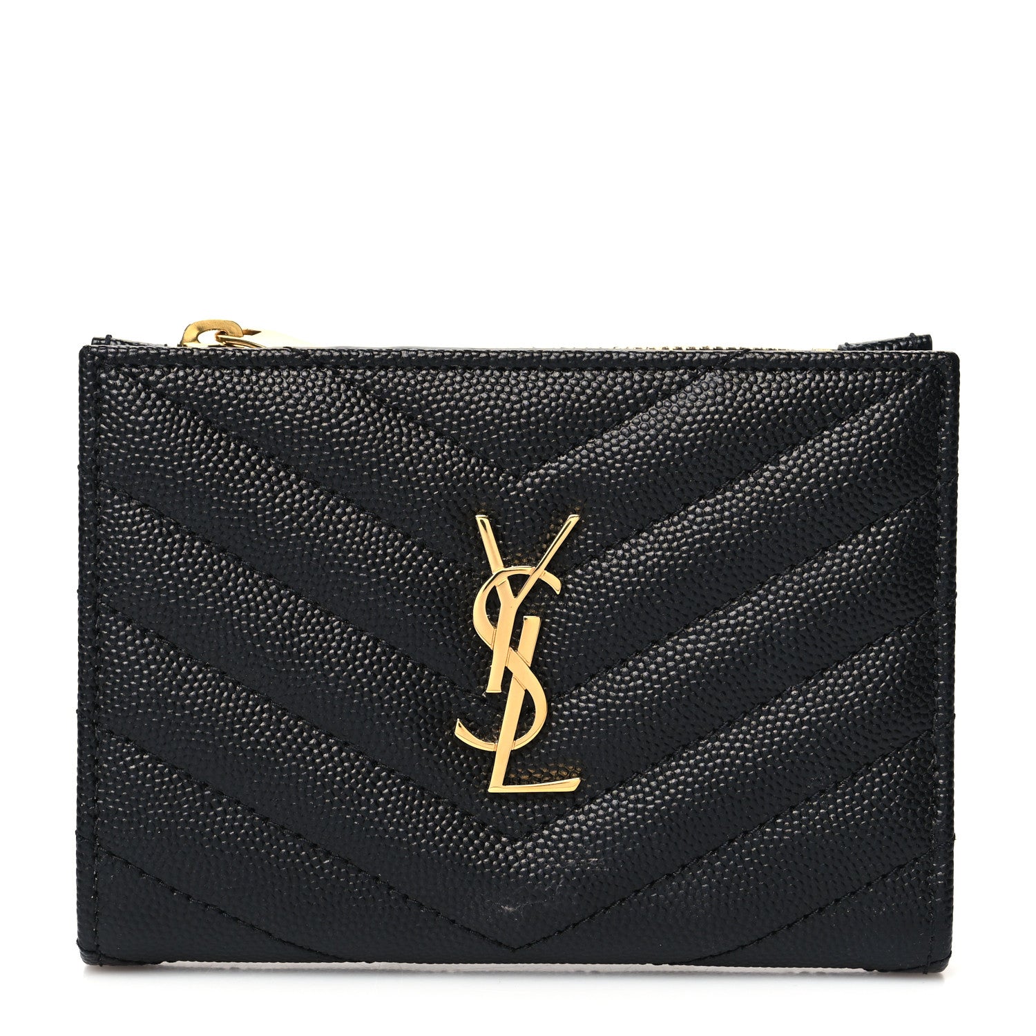 Saint Laurent Grain De Poudre Matelasse Chevron Monogram Zipped Two-Part Wallet Black 1 of 11