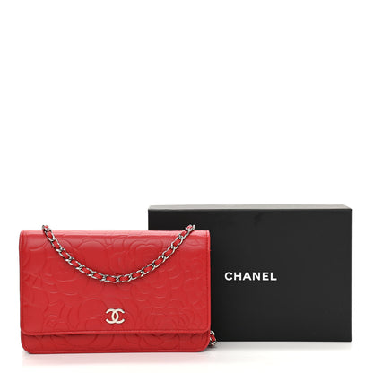 Chanel Lambskin Camellia Embossed Wallet On Chain WOC Red 17 of 17