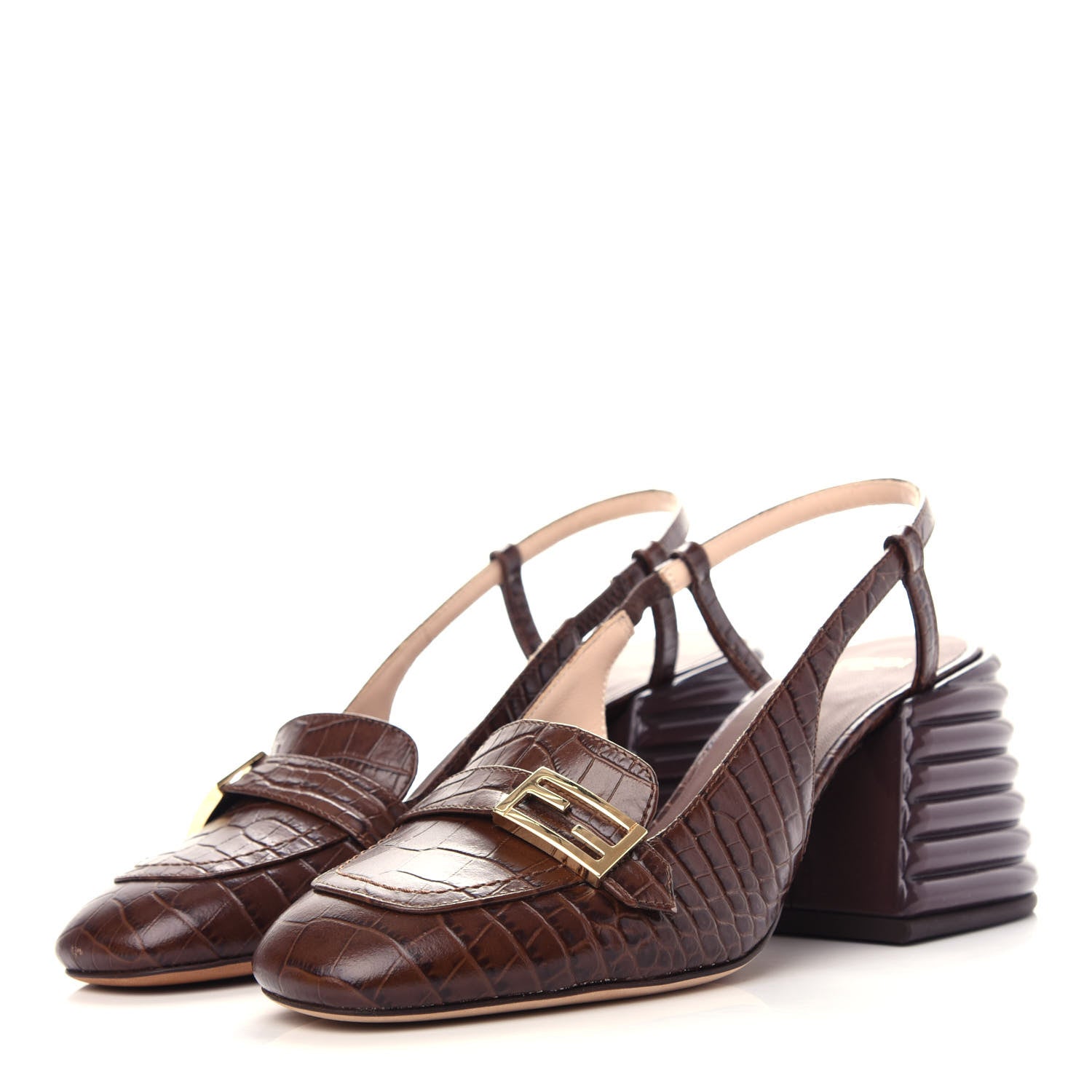 Fendi Calfskin Crocodile Embossed Promenade Slingback Loafer Pumps 36.5 Dark Brown 3 of 10