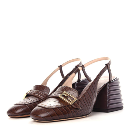 Fendi Calfskin Crocodile Embossed Promenade Slingback Loafer Pumps 36.5 Dark Brown 3 of 10