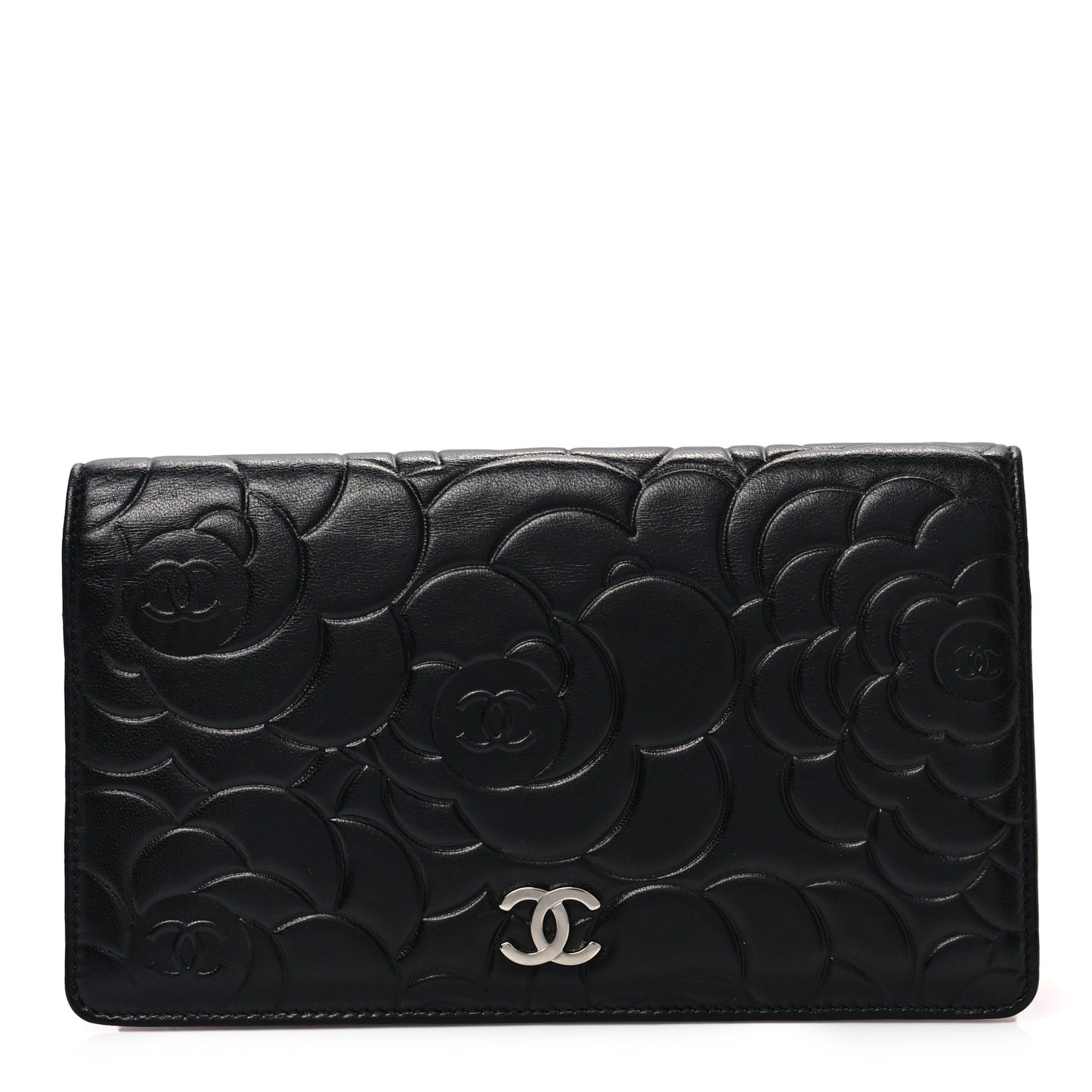 Lambskin Camellia Embossed Yen Wallet Black