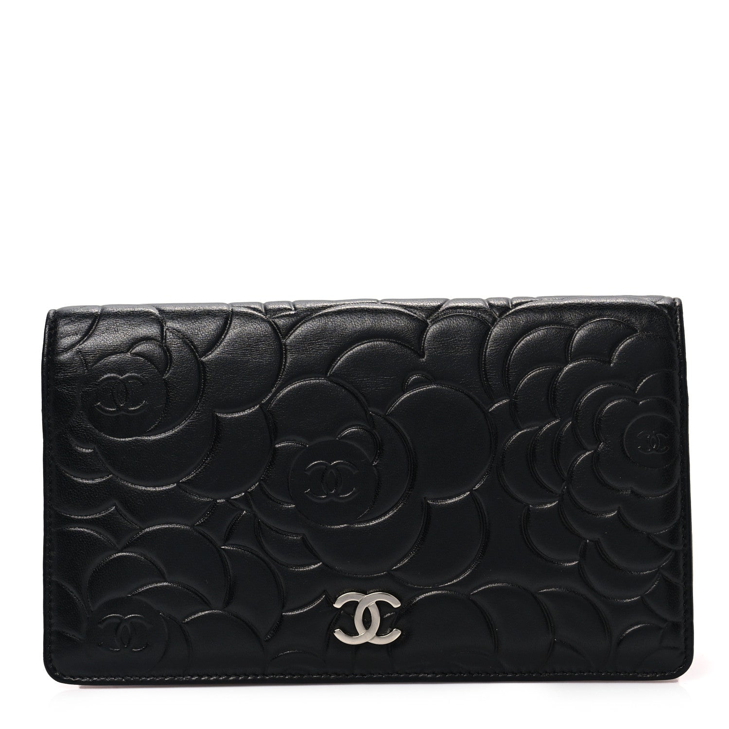 Chanel Lambskin Camellia Embossed Yen Wallet Black 1 of 7