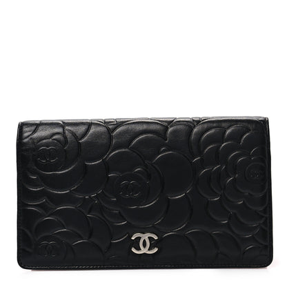 Chanel Lambskin Camellia Embossed Yen Wallet Black 1 of 7