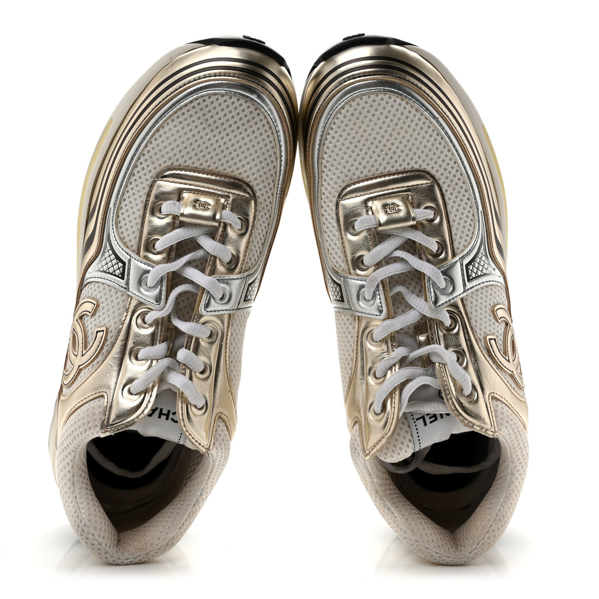Fabric Laminated Calfskin Stretch CC Sneakers 38 41.5 White Gold Silver
