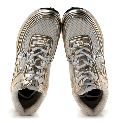 Chanel Fabric Laminated Calfskin Stretch CC Sneakers 38 41.5 White Gold Silver 2 of 12