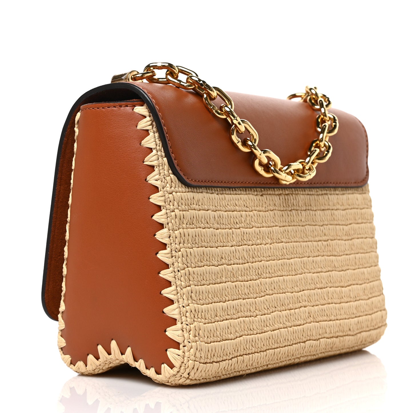Calfskin Raffia Twist Shoulder Bag MM Caramel