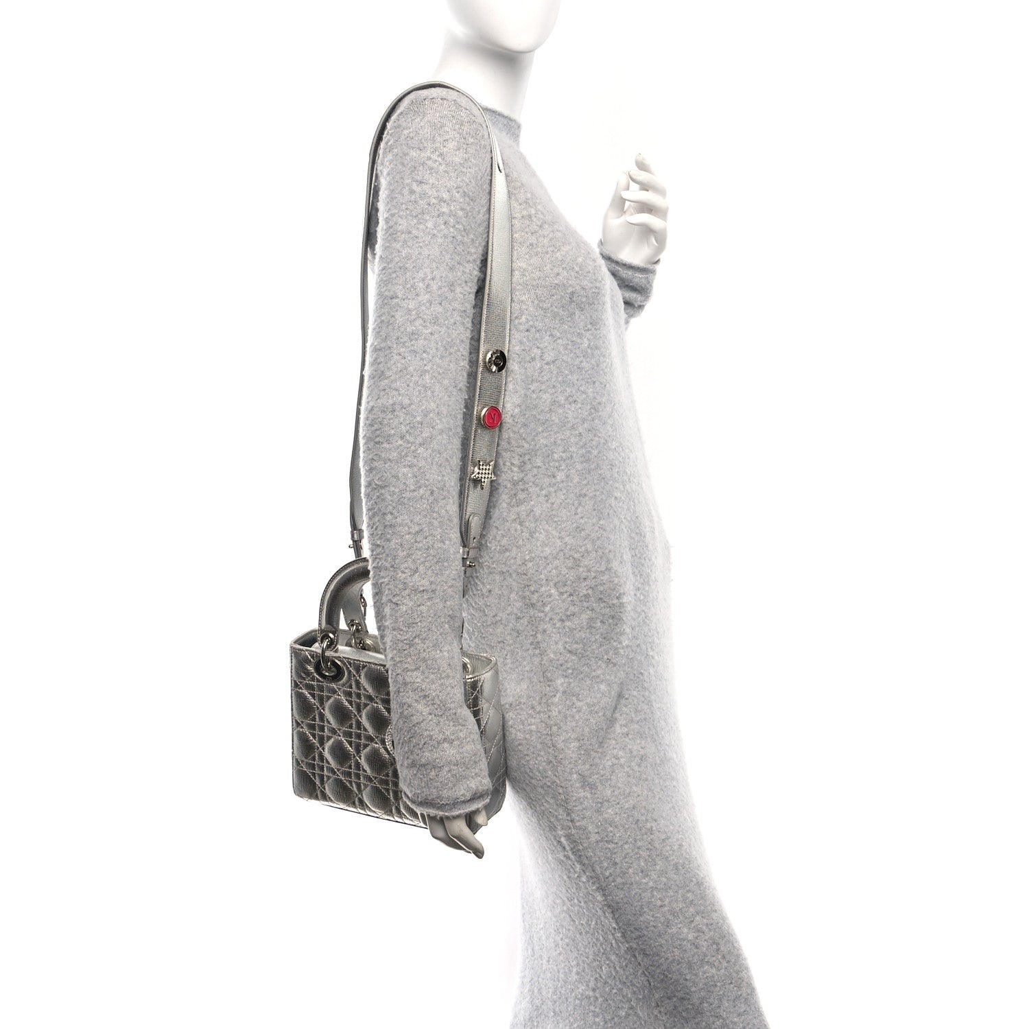 Christian Dior Metallic Grained Calfskin Cannage Small Lucky Badges My Lady Dior Silver 3 of 19