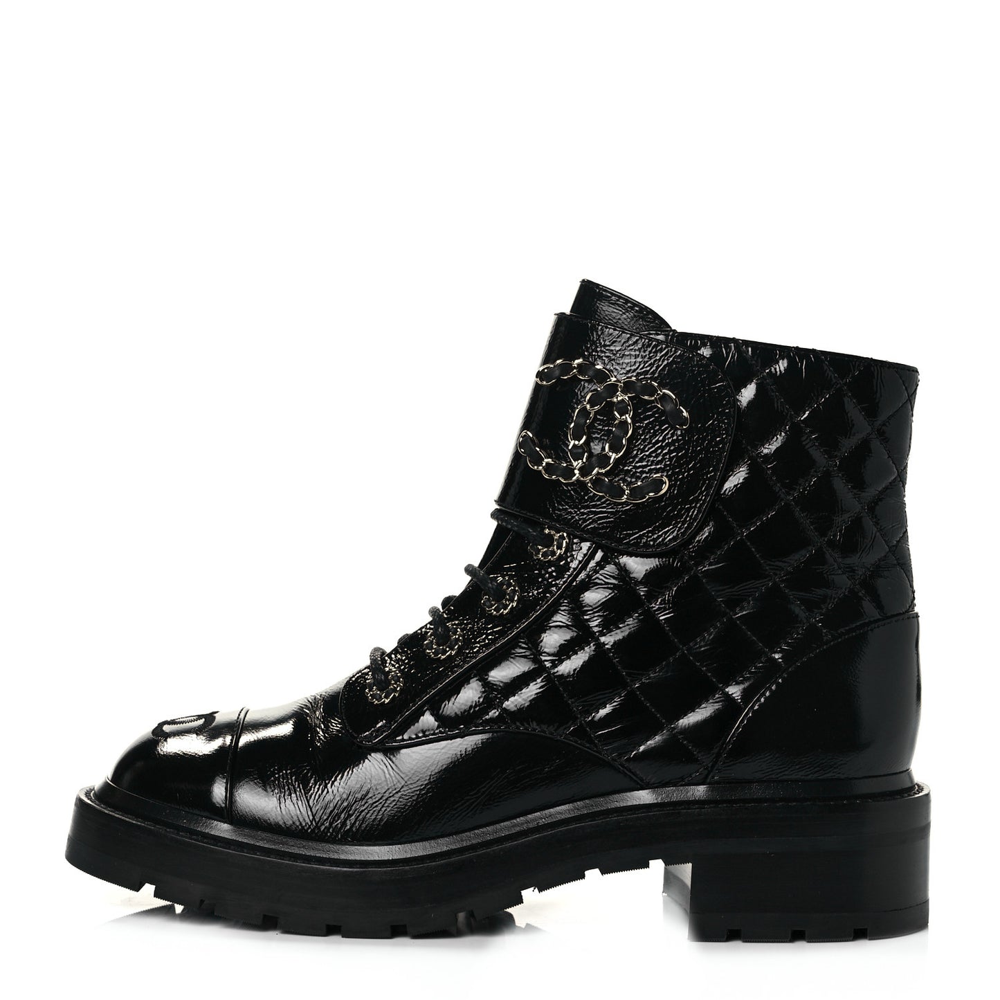 Shiny Calfskin Quilted Lace Up Combat Boots 38.5 Black