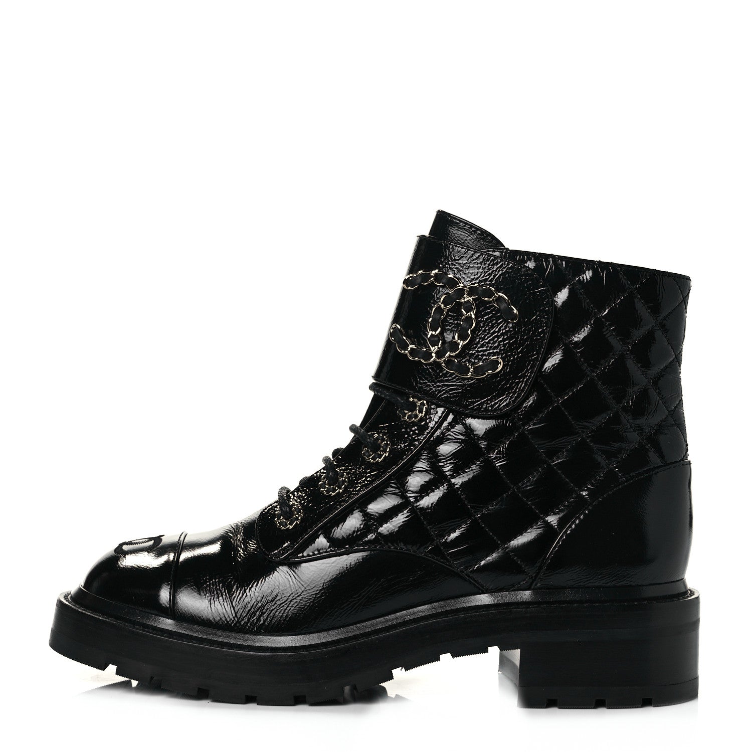 Chanel Shiny Calfskin Quilted Lace Up Combat Boots 38.5 Black 1 of 9