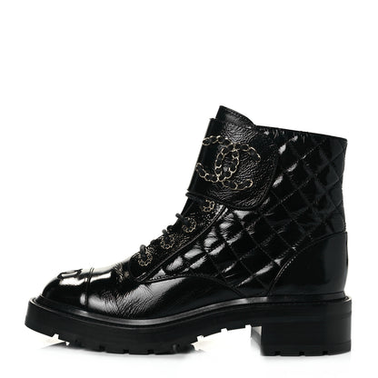Chanel Shiny Calfskin Quilted Lace Up Combat Boots 38.5 Black 1 of 9