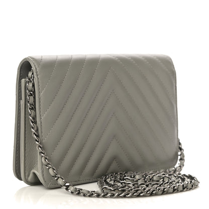 Chanel Calfskin Diagonal Chevron Quilted Tassel Wallet On Chain WOC Grey 3 of 12