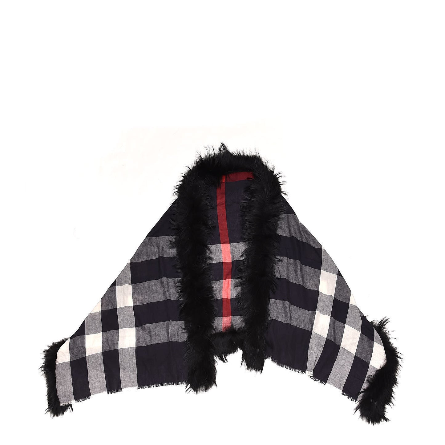 Cashmere Wool Raccoon Fur Check Print Lightweight Scarf Navy