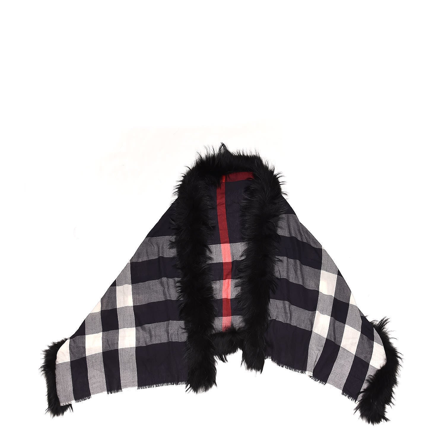Burberry Cashmere Wool Raccoon Fur Check Print Lightweight Scarf Navy 1 of 4
