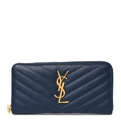 Saint Laurent Grain De Poudre Matelasse Chevron Monogram Zip Around Wallet Deep Marine 1 of 7