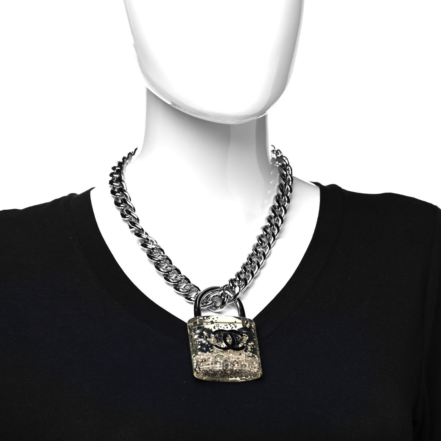 Resin CC Oversized Padlock Chain Necklace Silver Pearly White