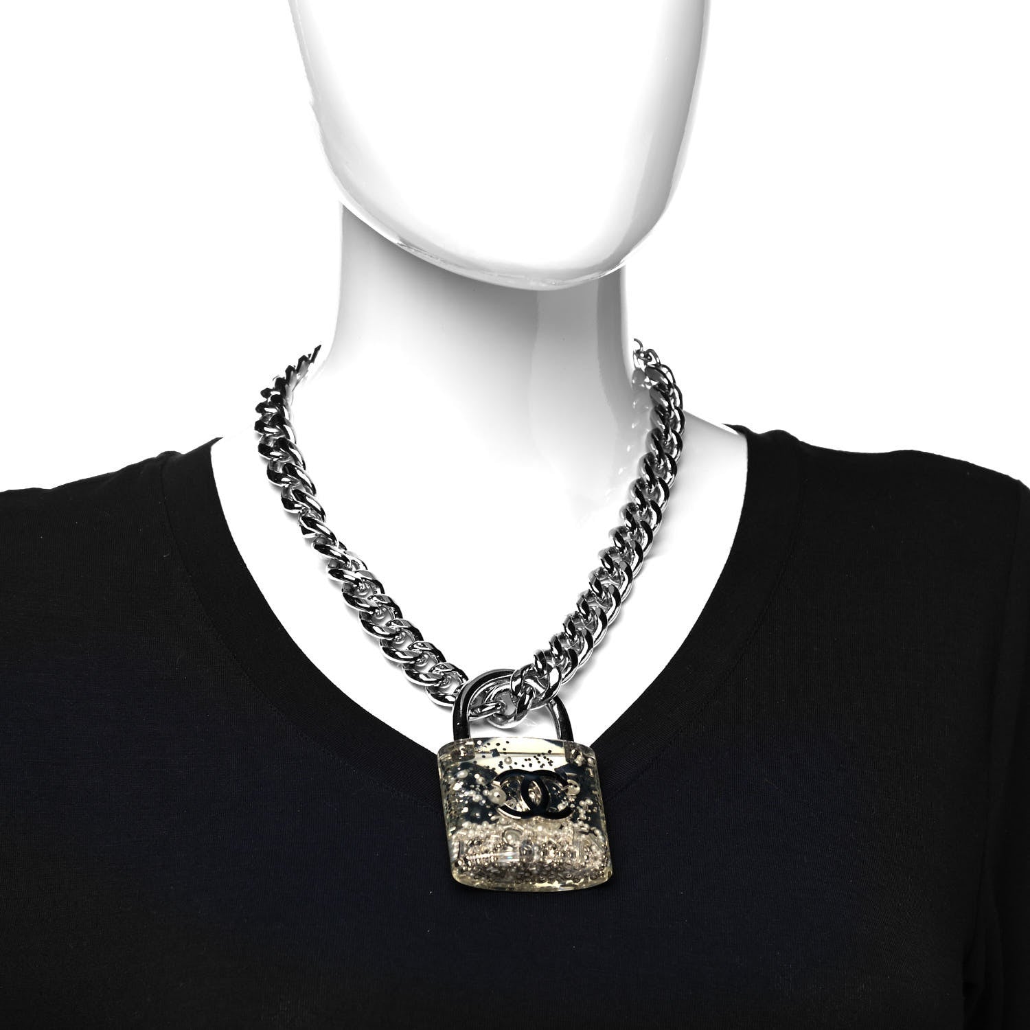 Chanel Resin CC Oversized Padlock Chain Necklace Silver Pearly White 2 of 4