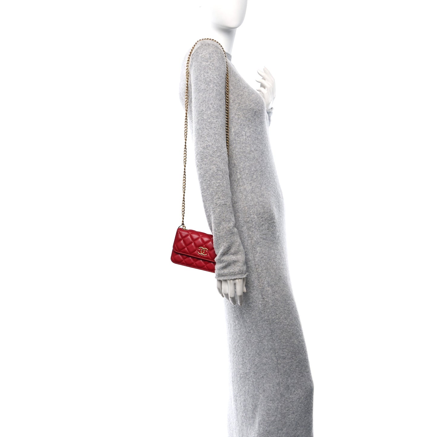 Lambskin Quilted Pillow Crush Flap Phone Holder With Chain Red