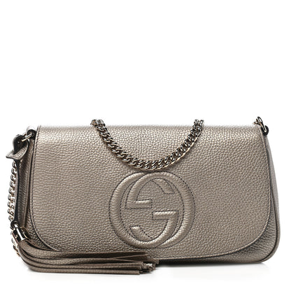 Gucci Metallic Pebbled Calfskin Medium Soho Flap Crossbody Golden Beige 1 of 8