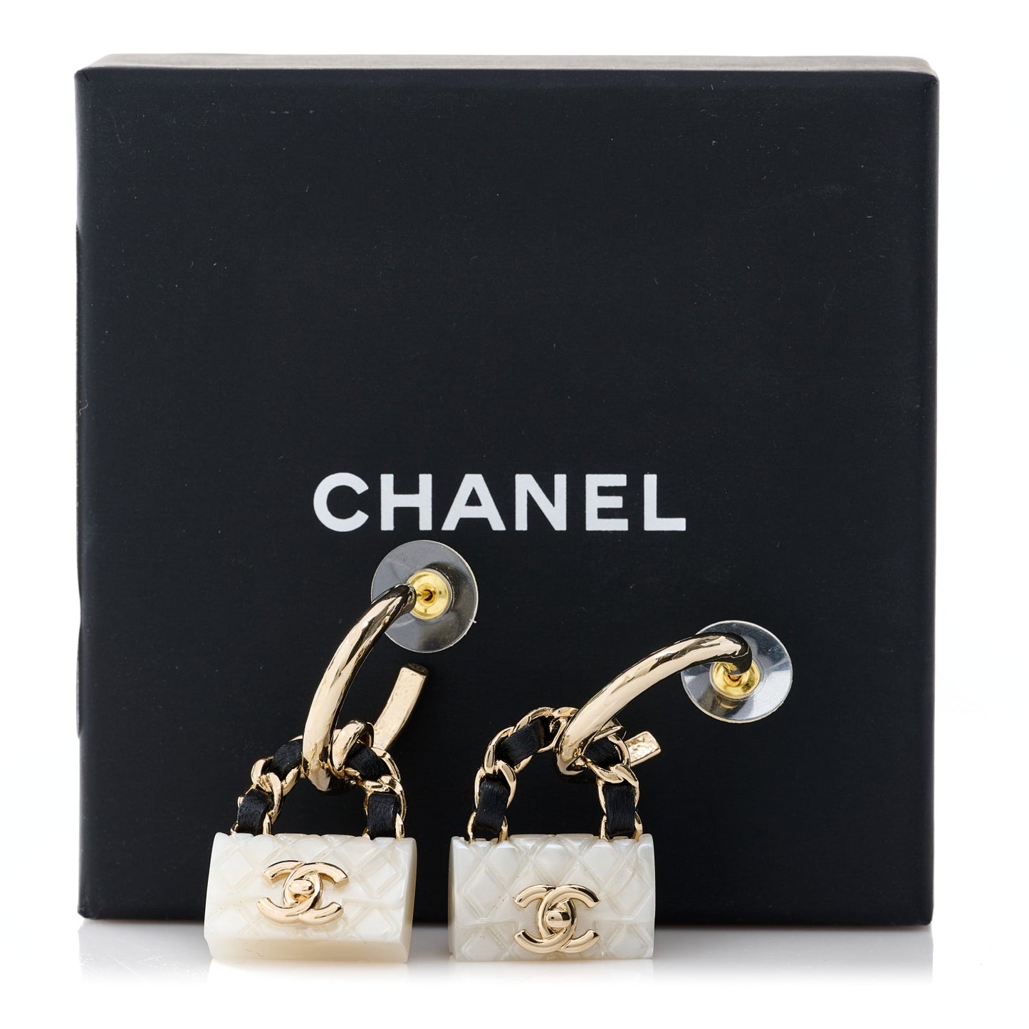 Metal Resin Calfskin Quilted CC Turnlock Chain Bag Earrings Gold Pearly White