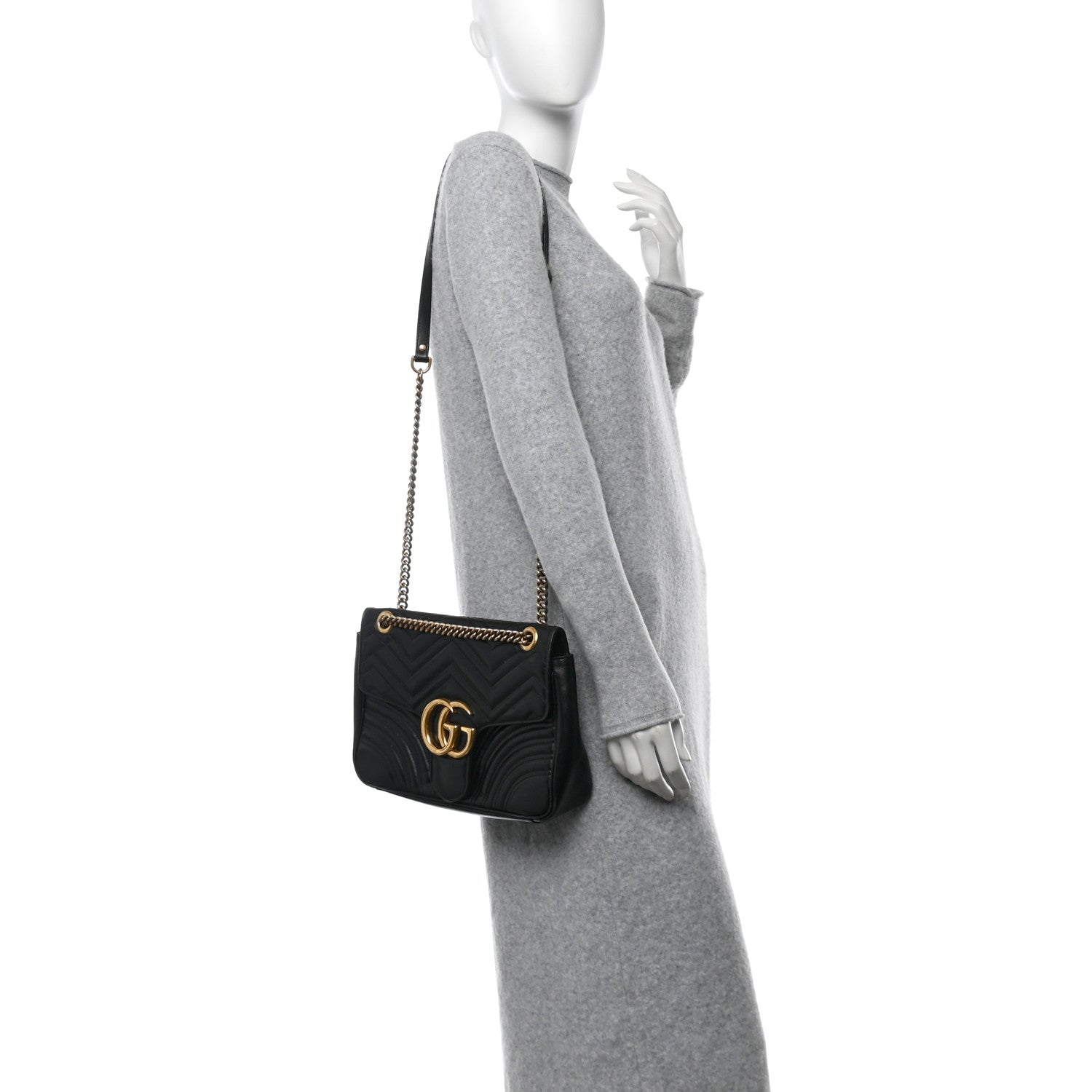 Gucci Calfskin Matelasse Medium GG Marmont Shoulder Bag Black 2 of 14