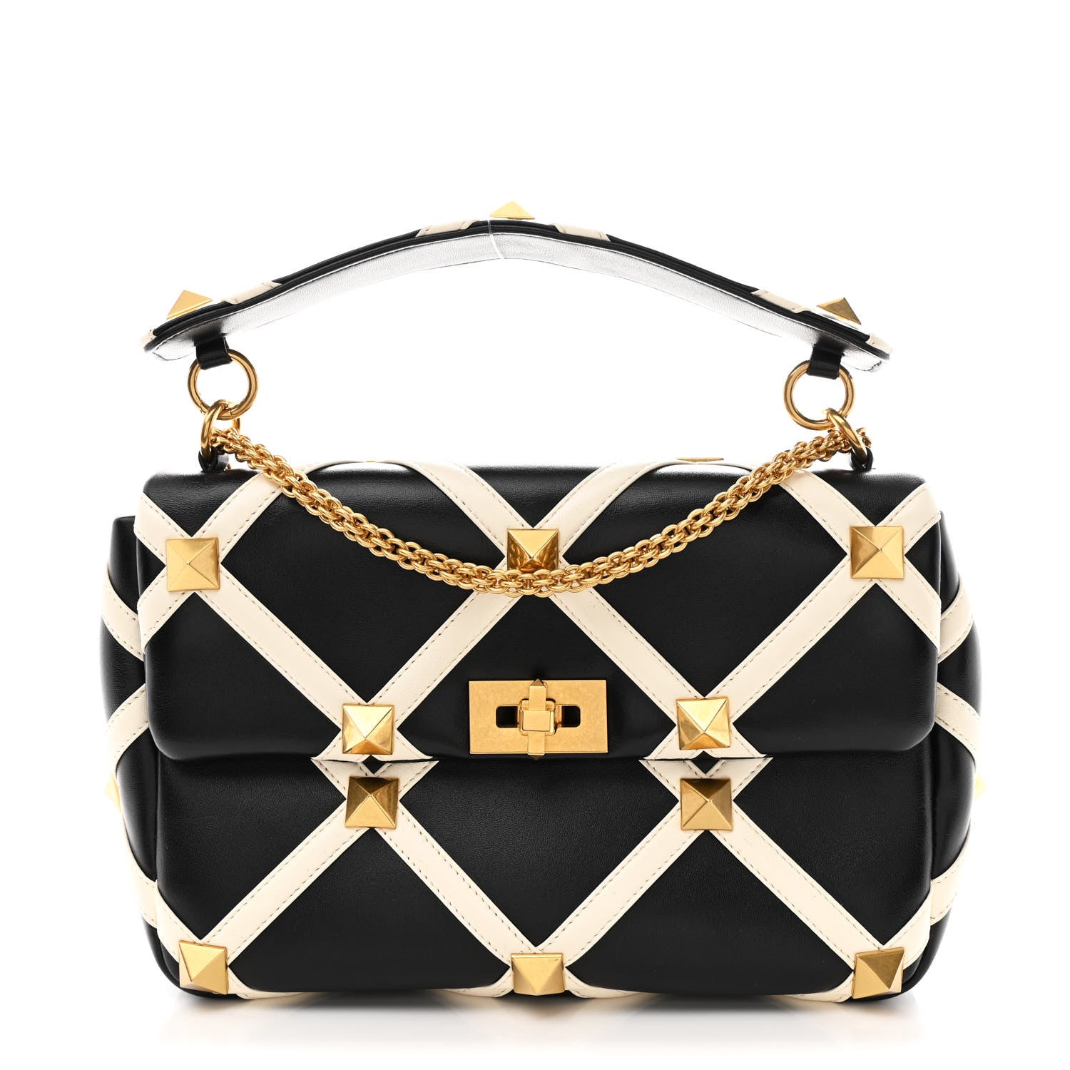 Valentino Garavani Nappa Large Roman Stud Shoulder Bag Black White 1 of 9