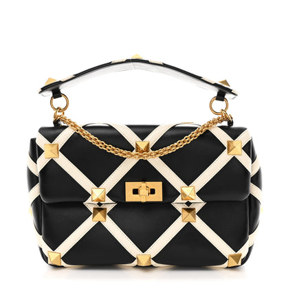 Valentino Garavani Nappa Large Roman Stud Shoulder Bag Black White 1 of 9