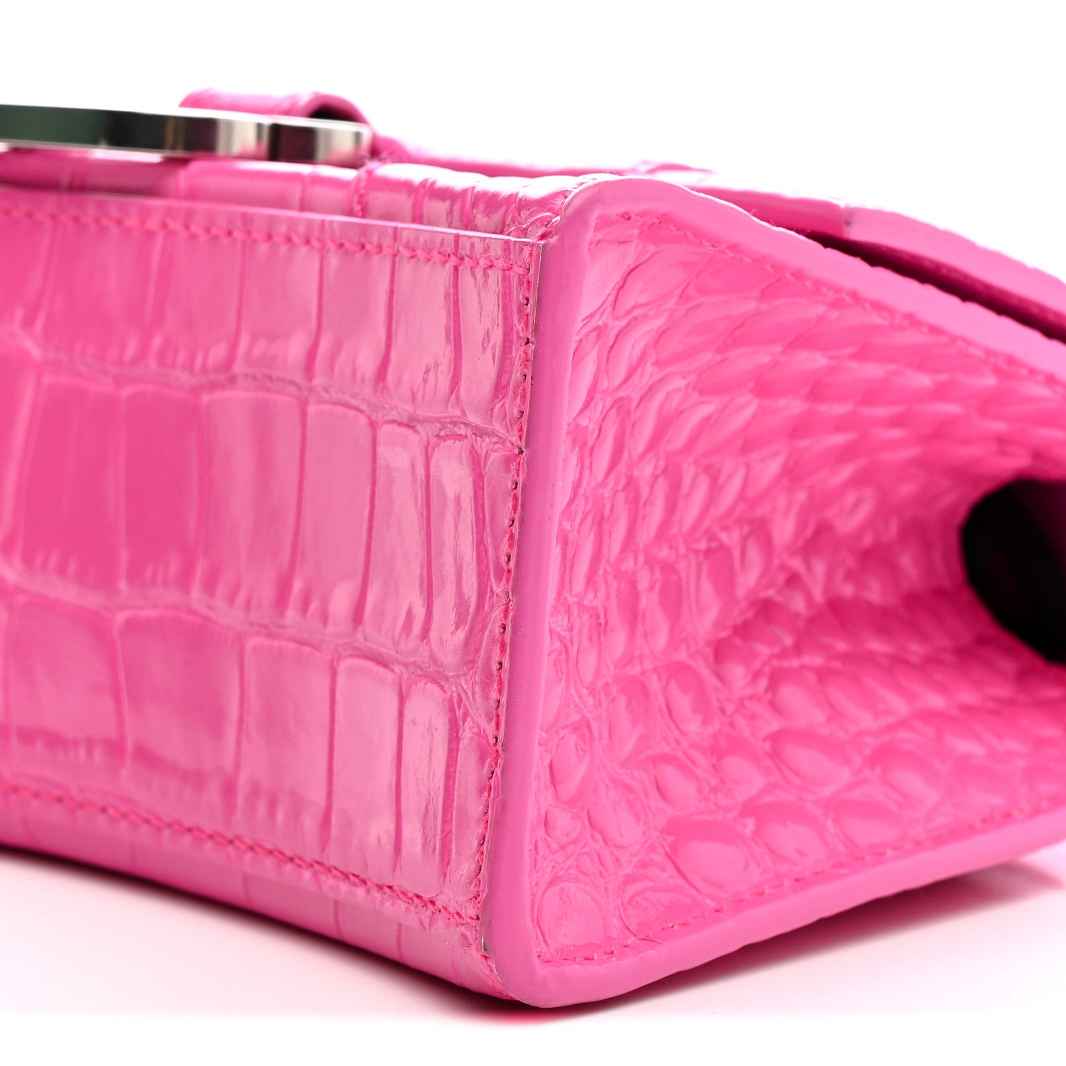 Balenciaga Shiny Calfskin Crocodile Embossed Hourglass Top Handle Bag XS Neon Pink 10 of 15