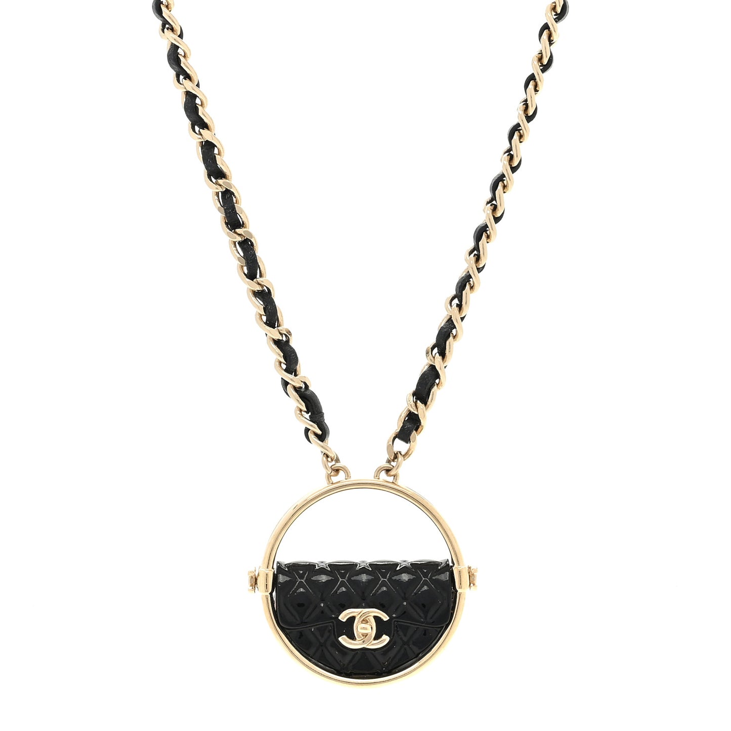 Metal Resin Quilted Flap Bag Hoop Mirror Necklace Black Gold
