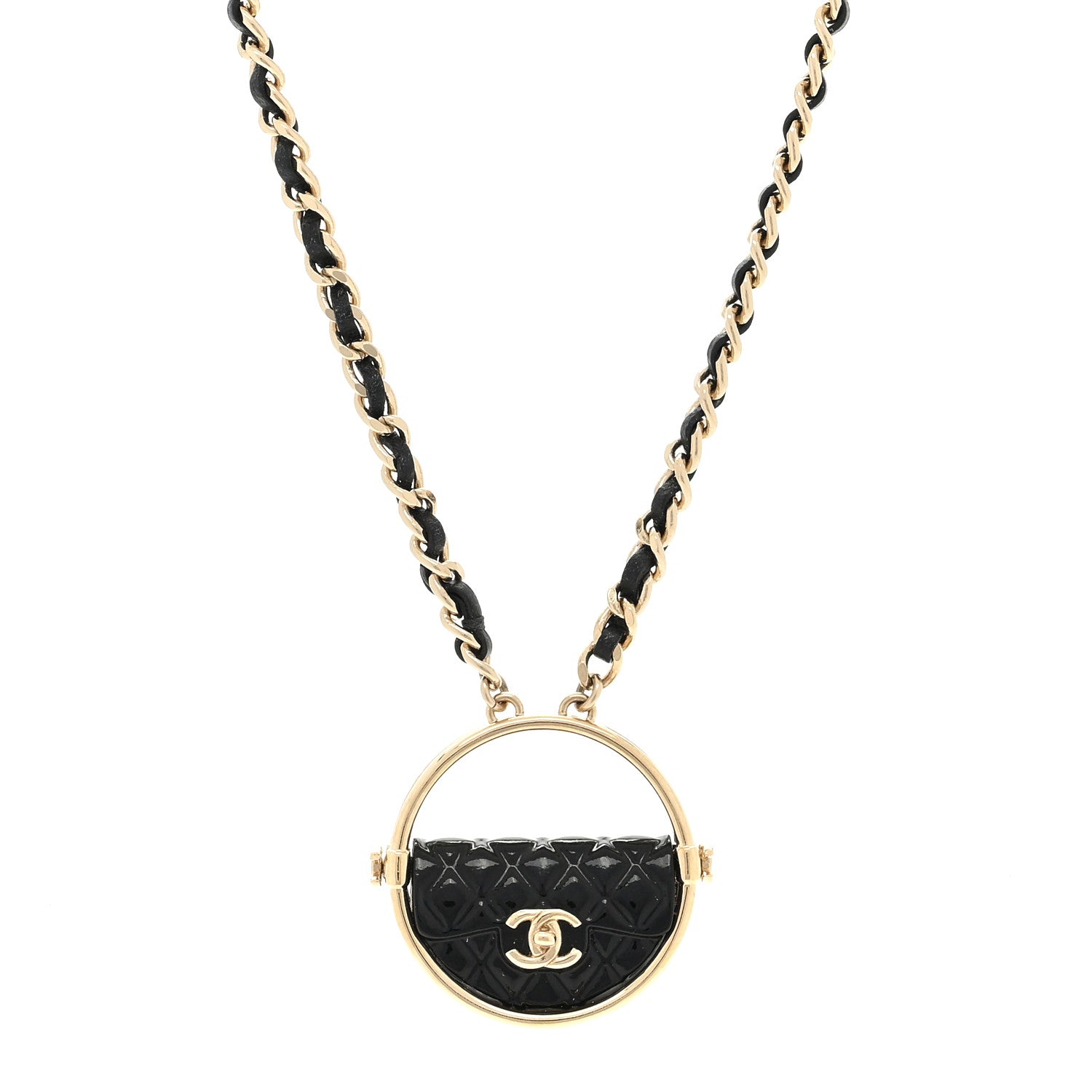 Chanel Metal Resin Quilted Flap Bag Hoop Mirror Necklace Black Gold 1 of 3