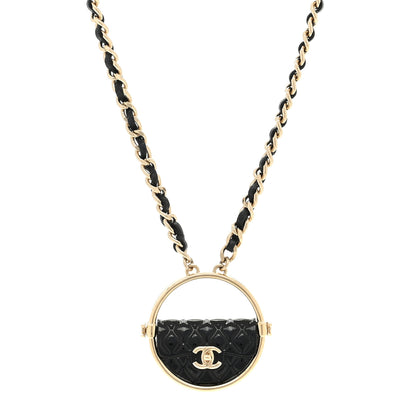 Chanel Metal Resin Quilted Flap Bag Hoop Mirror Necklace Black Gold 1 of 3