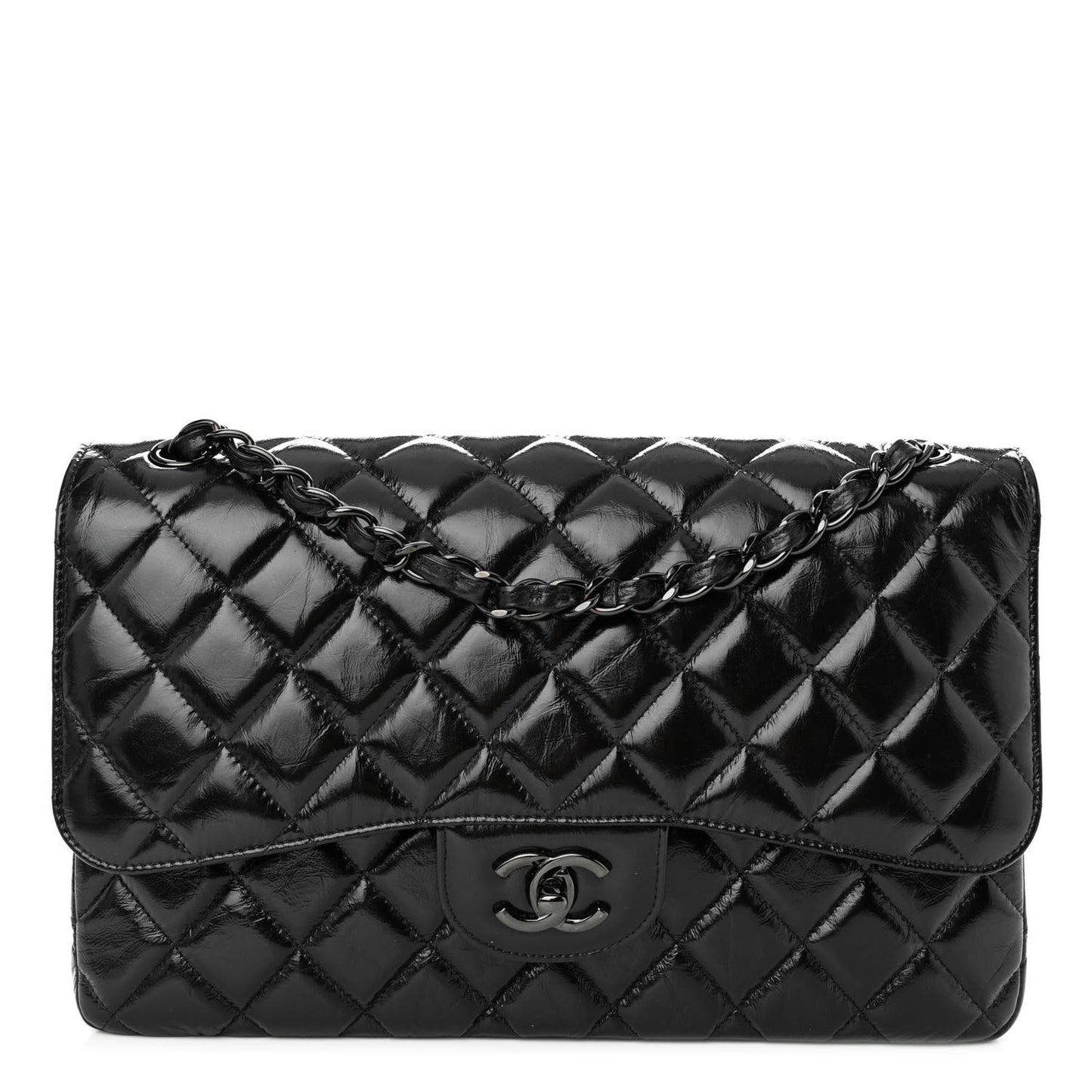 Shiny Distressed Calfskin Quilted Jumbo Double Flap So Black