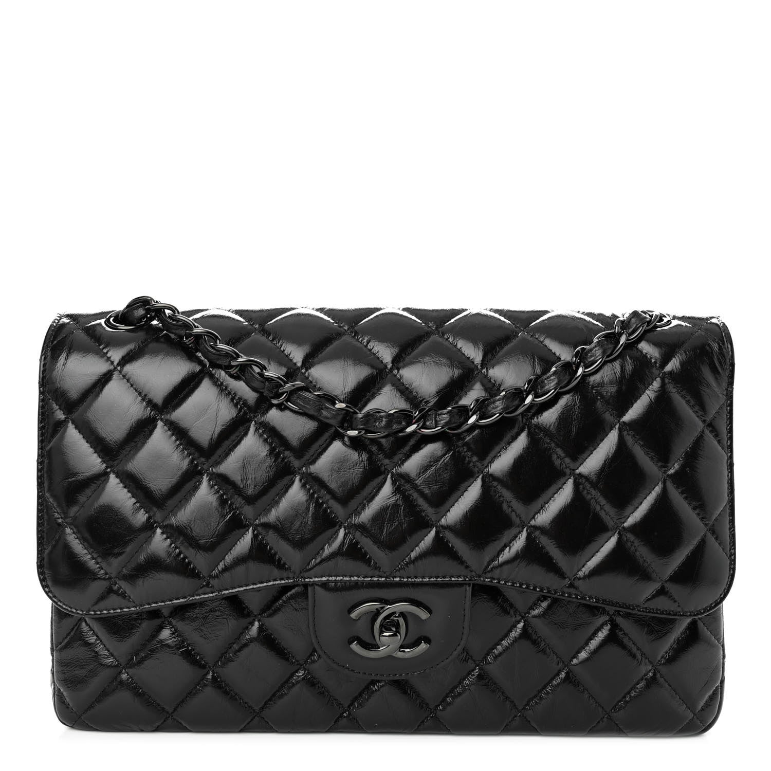 Chanel Shiny Distressed Calfskin Quilted Jumbo Double Flap So Black 1 of 10