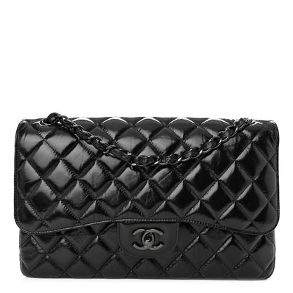 Chanel Shiny Distressed Calfskin Quilted Jumbo Double Flap So Black 1 of 10