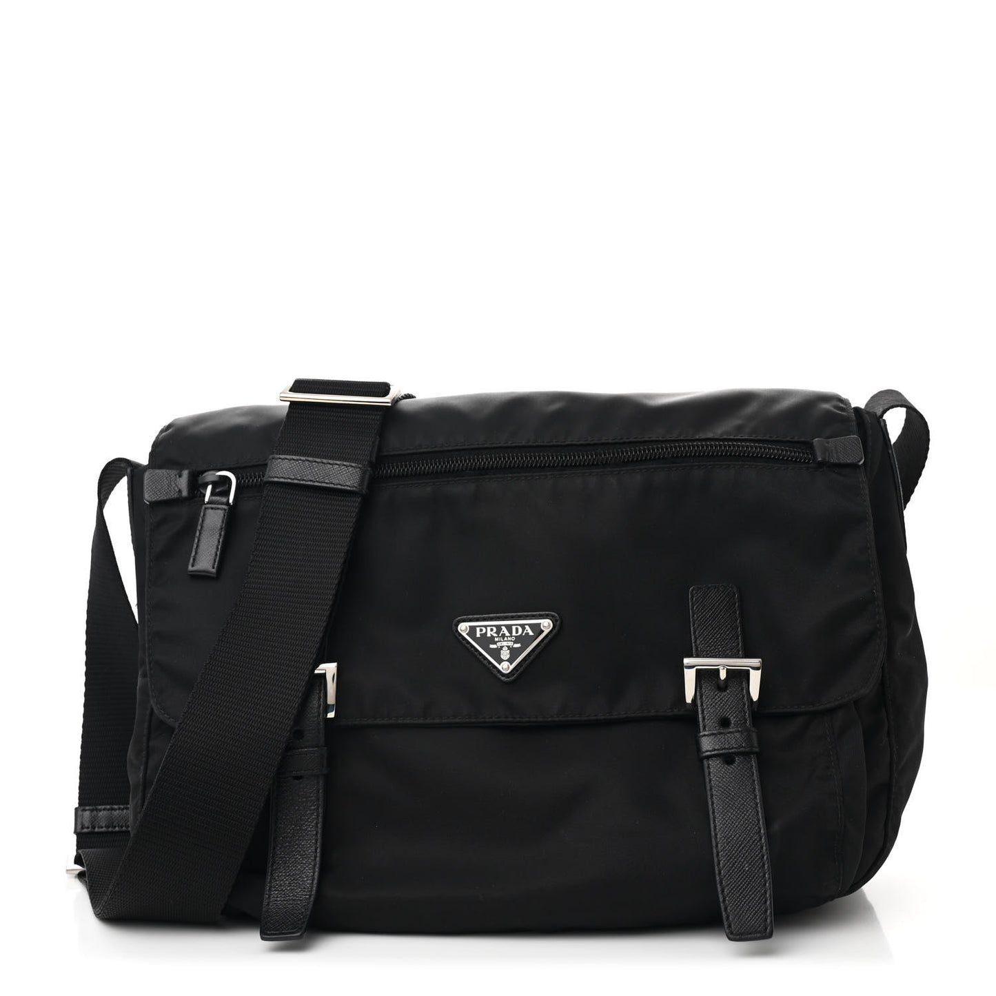 Tessuto Nylon Saffiano Double Buckle Messenger Shoulder Bag Black