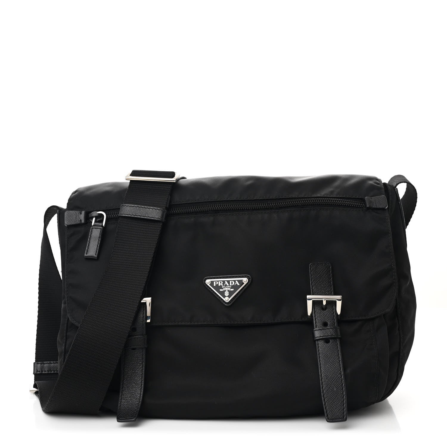 Prada Tessuto Nylon Saffiano Double Buckle Messenger Shoulder Bag Black 1 of 11